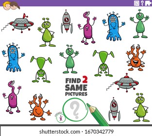 Cartoon Illustration of Finding Two Same Pictures Educational Game for Children with Funny Aliens Fantasy Characters