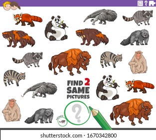 Cartoon Illustration of Finding Two Same Pictures Educational Task for Children with Funny Wild Animal Characters