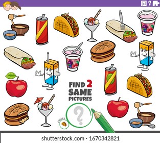 Cartoon Illustration of Finding Two Same Pictures Educational Task for Children with Food Objects