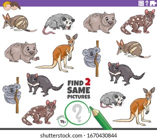 Cartoon Illustration of Finding Two Same Pictures Educational Game for Children with Wild Animal Characters