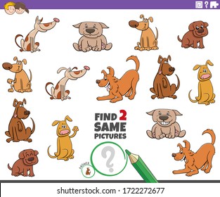 Ilustración de la búsqueda de dos juegos educativos para niños con perros y divertidos personajes de animales