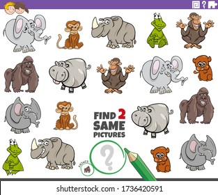 Cartoon Illustration of Finding Two Same Pictures Educational Game for Children with Funny Wild Animal Characters