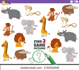 Cartoon Illustration of Finding Two Same Pictures Educational Game for Children with Funny Wild Animal Characters