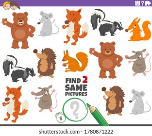 Cartoon Illustration of Finding Two Same Pictures Educational Task for Children with Funny Wild Animal Characters