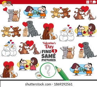 Cartoon illustration of finding two same pictures educational game with couples at Valentines day