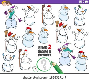 Cartoon illustration of finding two same pictures educational game for children with snowmen characters