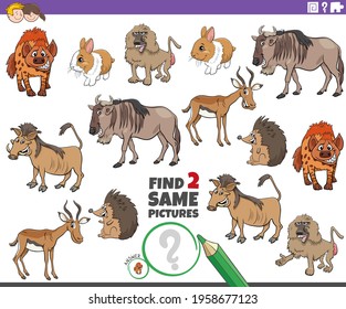 Cartoon illustration of finding two same pictures educational game with funny animals characters