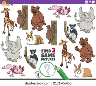 Cartoon illustration of finding two same pictures educational game with cartoon wild animals characters