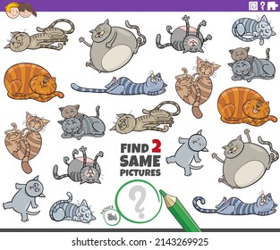 Cartoon illustration of finding two same pictures educational game with sleeping cats animal characters