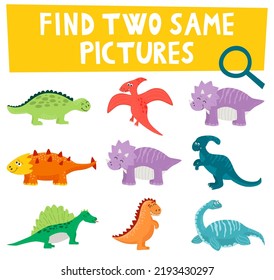 Cartoon Illustration of Finding Two Same Pictures Educational Game for Children with Dinosaurs and Prehistoric Animal Characters