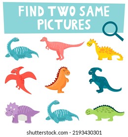 Cartoon Illustration of Finding Two Same Pictures Educational Game for Children with Funny Dinosaurs and Prehistoric Animal Characters