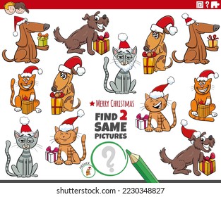 Cartoon illustration of finding two same pictures educational game with funny dogs and cats with Christmas gifts