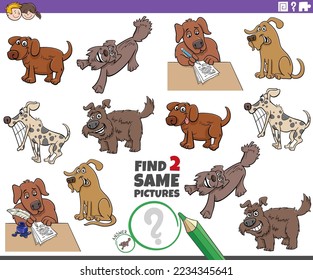 Cartoon illustration of finding two same pictures educational game with comic dogs animal characters