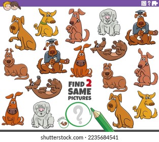 Cartoon illustration of finding two same pictures educational task with comic dogs animal characters