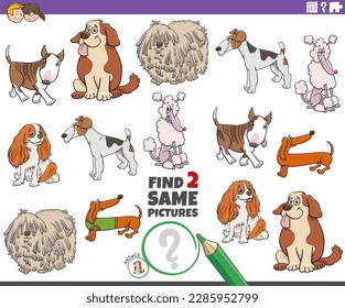 Cartoon illustration of finding two same pictures educational activity with comic purebred dogs characters