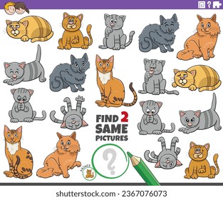 Cartoon illustration of finding two same pictures educational activity with comic cats animal characters