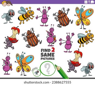 Cartoon illustration of finding two same pictures educational activity with insects animal characters