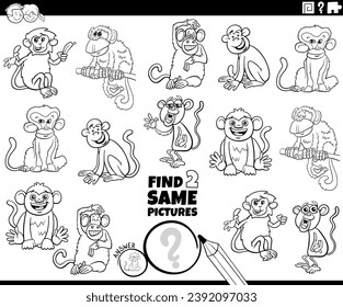 Ilustración de dibujos animados encontrando dos mismas imágenes juego educativo con monos personajes animales página de color