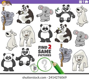 Cartoon illustration of finding two same pictures educational game with wild bears animal characters