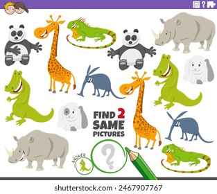 Cartoon illustration of finding two same pictures educational activity game with animal characters