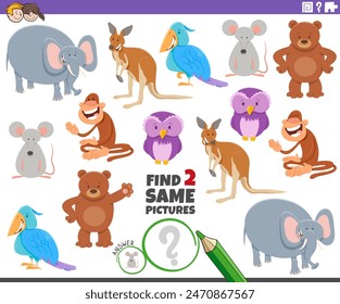 Cartoon illustration of finding two same pictures educational activity with animal characters