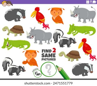 Cartoon illustration of finding two same pictures educational activity game with animal characters