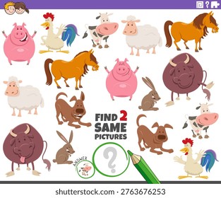 Cartoon illustration of finding two same pictures educational activity puzzle with farm animal characters