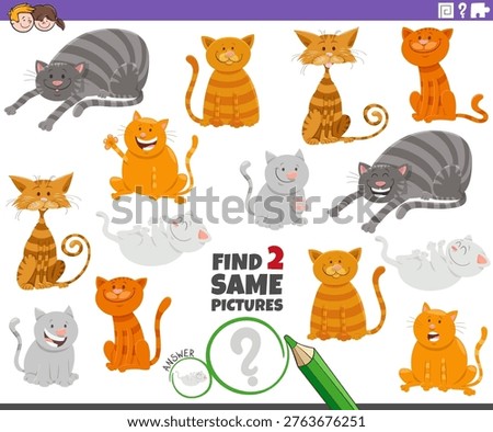 Cartoon illustration of finding two same pictures educational activity puzzle with cats animal characters