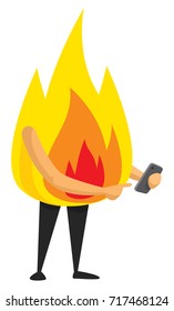 Cartoon illustration of fire flame using a mobile phone