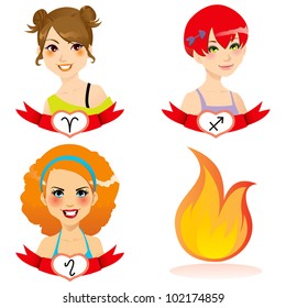 Cartoon illustration of fire zodiac sign woman faces