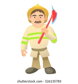 Cartoon illustration of firefighter with axe vector icon for web
