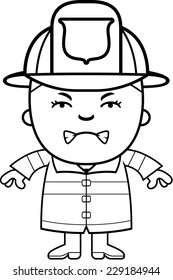 A cartoon illustration of a firefighter boy looking angry.