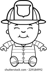 A cartoon illustration of a firefighter boy sitting and smiling.