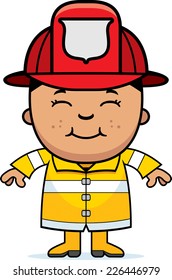 A cartoon illustration of a firefighter boy standing and smiling.