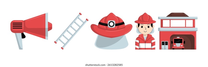 Cartoon illustration of firefighter equipment, including a megaphone, ladder, helmet, firefighter, and station. Representing safety, rescue and emergency response.
