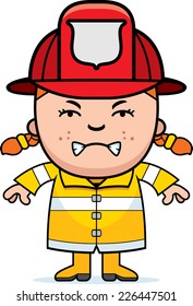 A cartoon illustration of a firefighter girl looking angry.