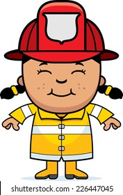 A cartoon illustration of a firefighter girl standing and smiling.