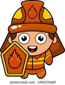cartoon illustration of a firefighter mascot with shield