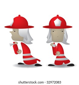 A cartoon illustration of a fireman front and side view