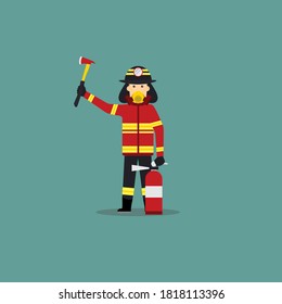 Cartoon Illustration of Fireman Hold an Axes and Fire Extinguisher