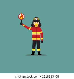 Cartoon Illustration of Fireman Hold a Ban Board