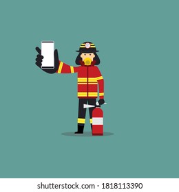 Cartoon Illustration Of Fireman Hold A Smart Phone