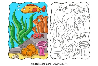 cartoon illustration fish and crabs swimming in the sea around coral reefs book or page for kids