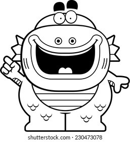 A cartoon illustration of a fish creature with an idea.