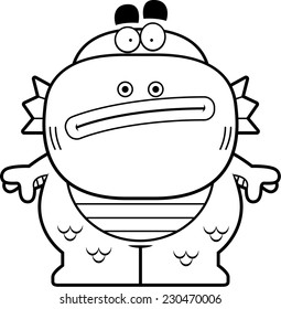 A cartoon illustration of a fish creature looking bored.