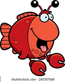A cartoon illustration of a fish dressed as a crab looking hungry.