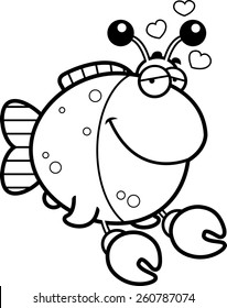 A cartoon illustration of a fish dressed as a crab with an in love expression.
