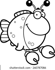 A cartoon illustration of a fish dressed as a crab happy and smiling.