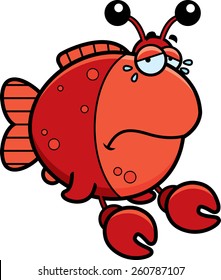A cartoon illustration of a fish dressed as a crab sad and crying.