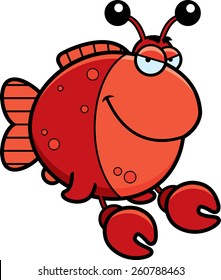 A cartoon illustration of a fish dressed as a crab with a sly expression.